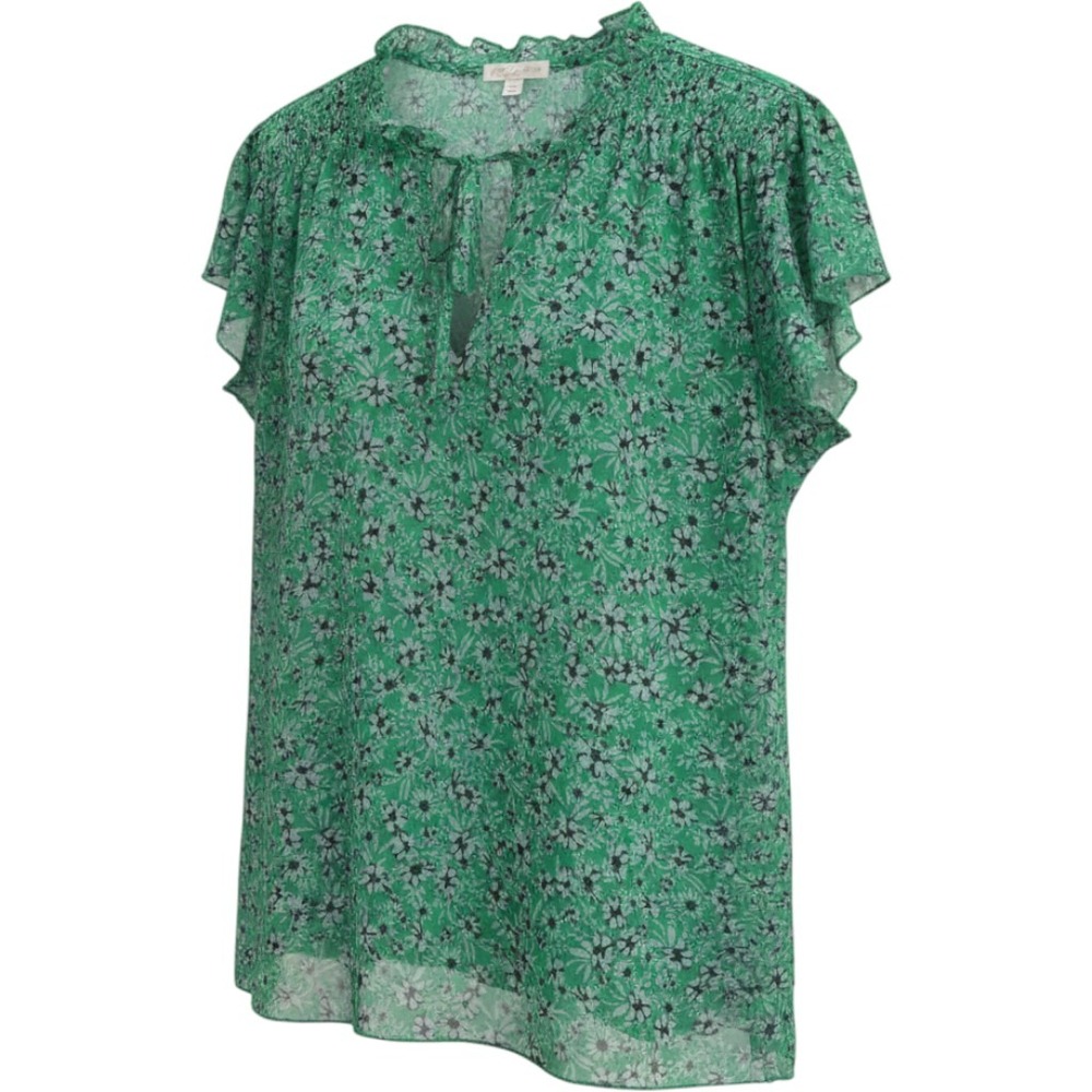 Joie de‎ Vivre Blouse Womens XL Green Polyester Floral Ruffle Tie Neck Boho Chic